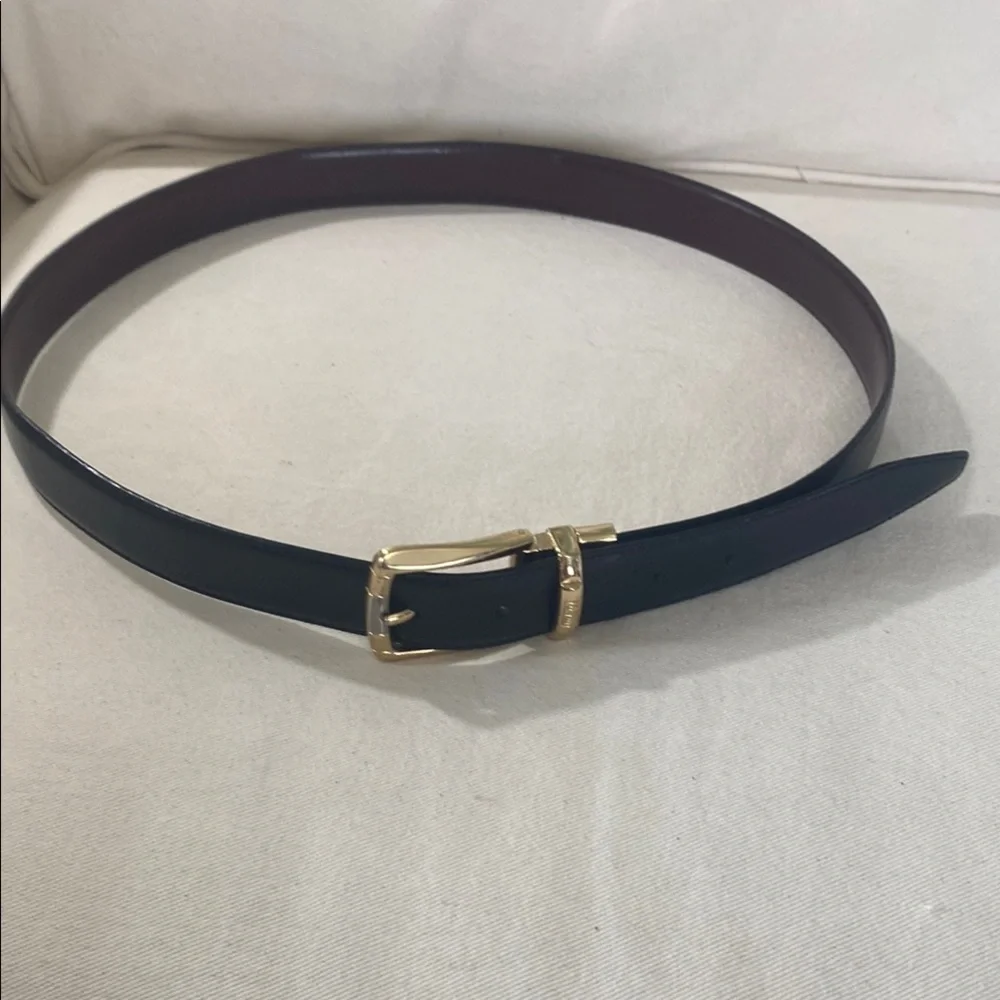 2-in-1 Perry Ellis Black/Brown Leather Belt with Reversible Gold Buckle